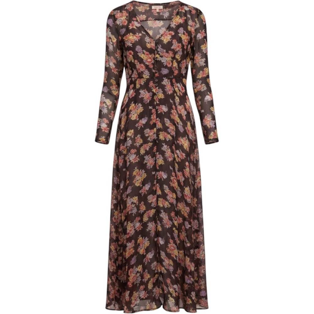 Nameless Floral Sheer Maxi Dress Sm Button Front Slit Boho Cottagecore Y2K Flowy